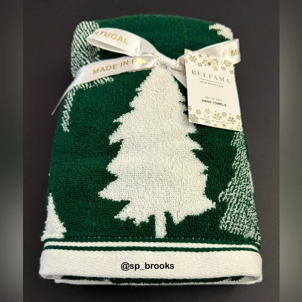 🎁BELFAMA Hand Towel Set - Holiday Green with White Christmas Trees